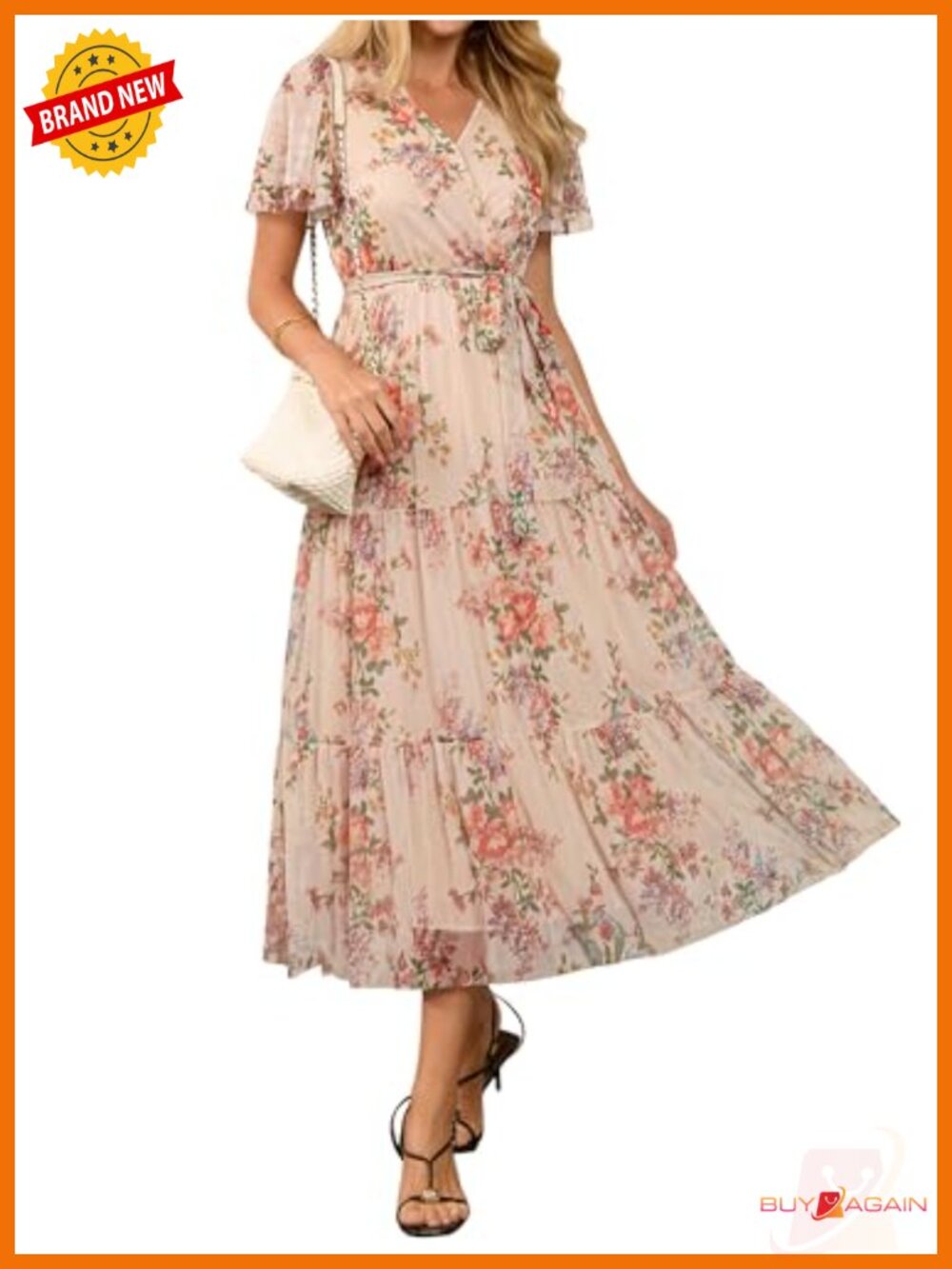 Floral Maxi Dress V-Neck Short Sleeve A-Line Tiered Flowy Summer Wedding Guest